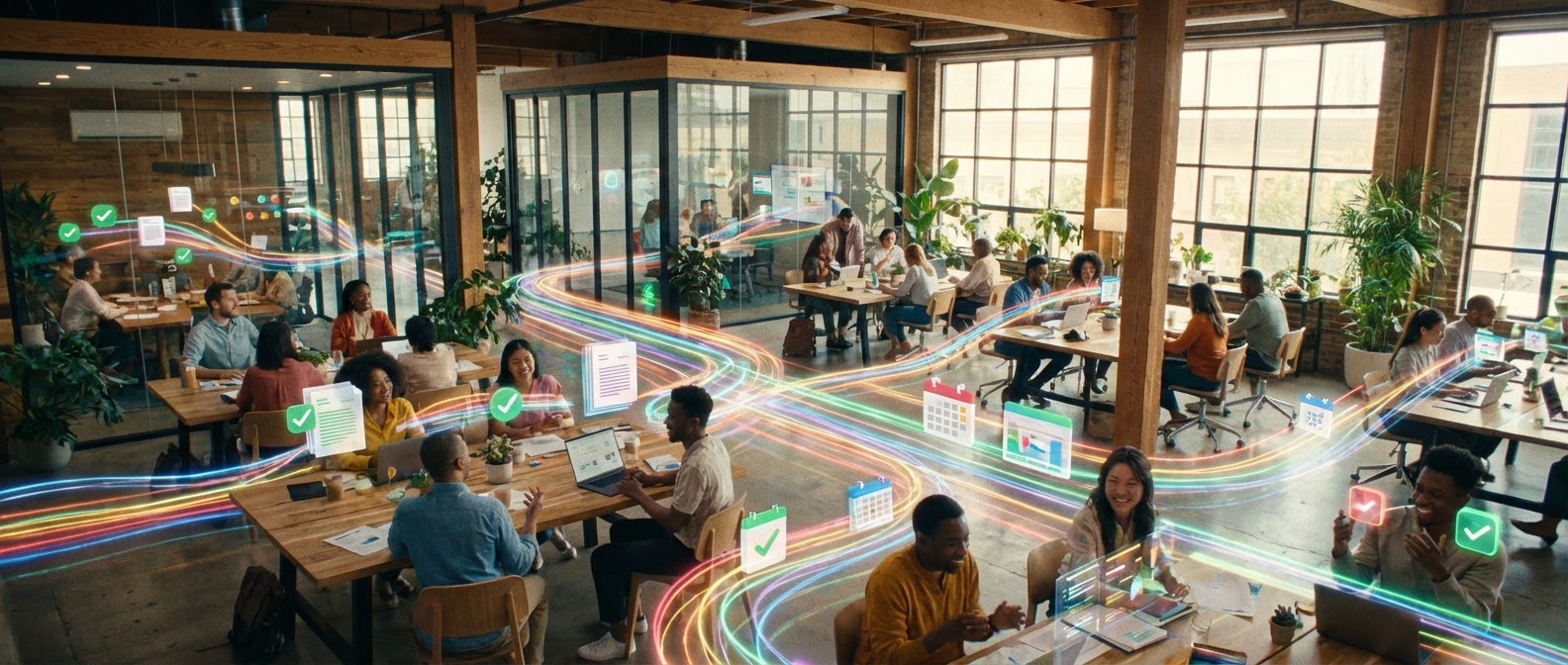 Product vision — collaborative workspace with AI-powered action streams connecting people and outputs