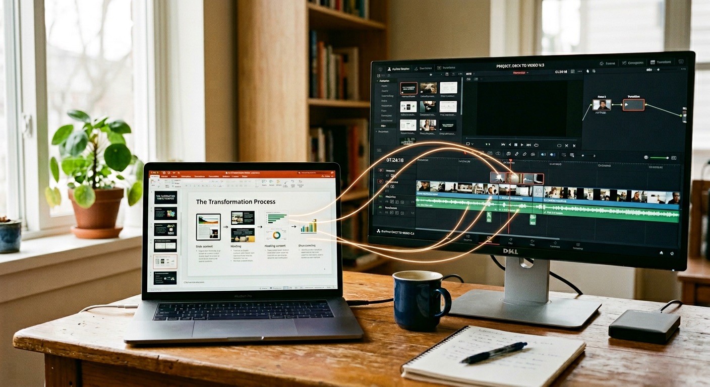 Deck-to-video pipeline — presentation on laptop transforming into video timeline on monitor
